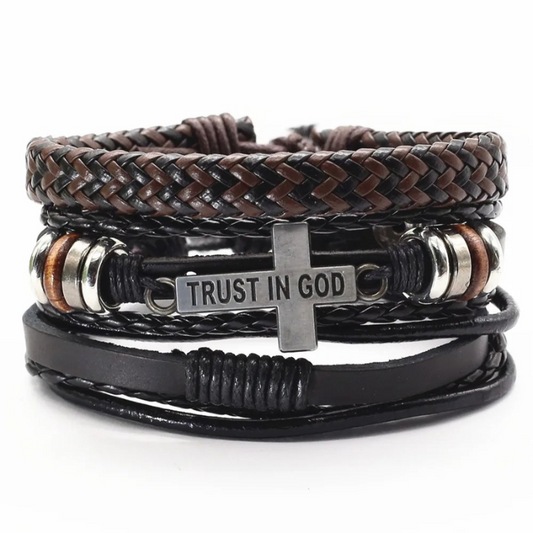 Trust In God Men's Leather 3PC Christian Jewelry